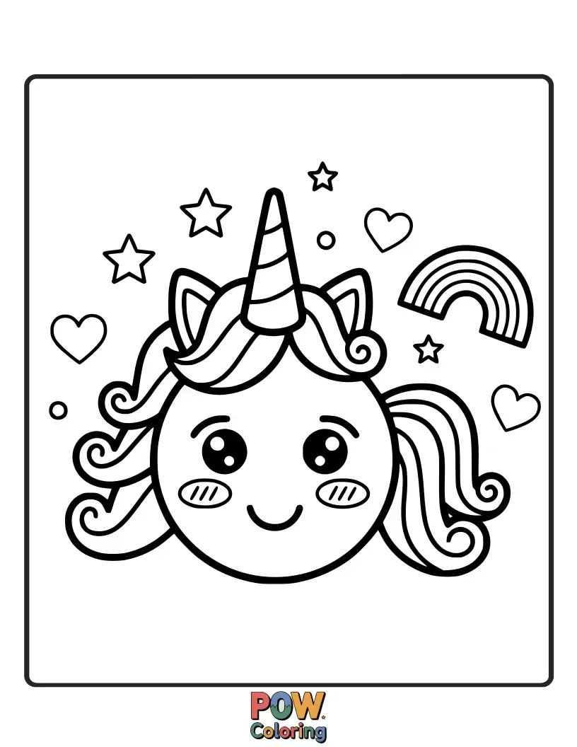 Free coloring page of A majestic unicorn emoji with a sparkling horn and flowing mane, ready to gallop into an enchanted forest.