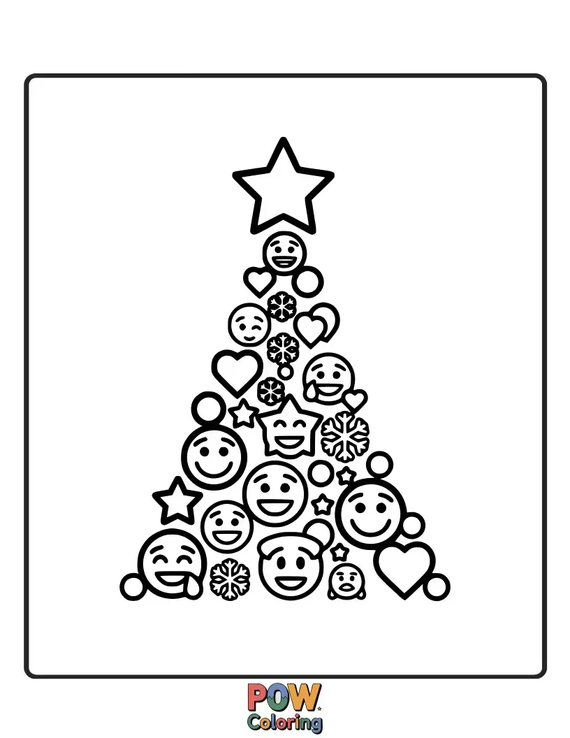 Free coloring page of A festive emoji decorated with ornaments and a star, standing proudly beside a pile of presents.