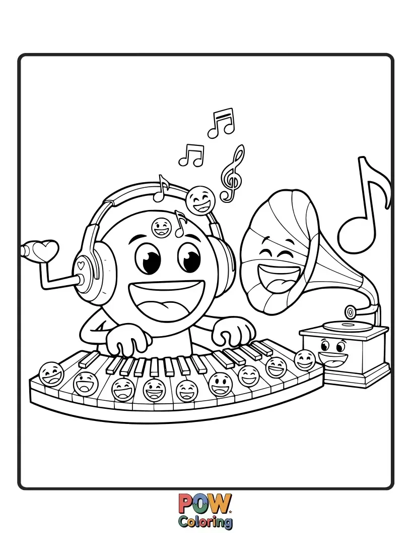 Free coloring page of A cheerful emoji playing a saxophone, surrounded by flowing musical notes and beaming with pure joy.