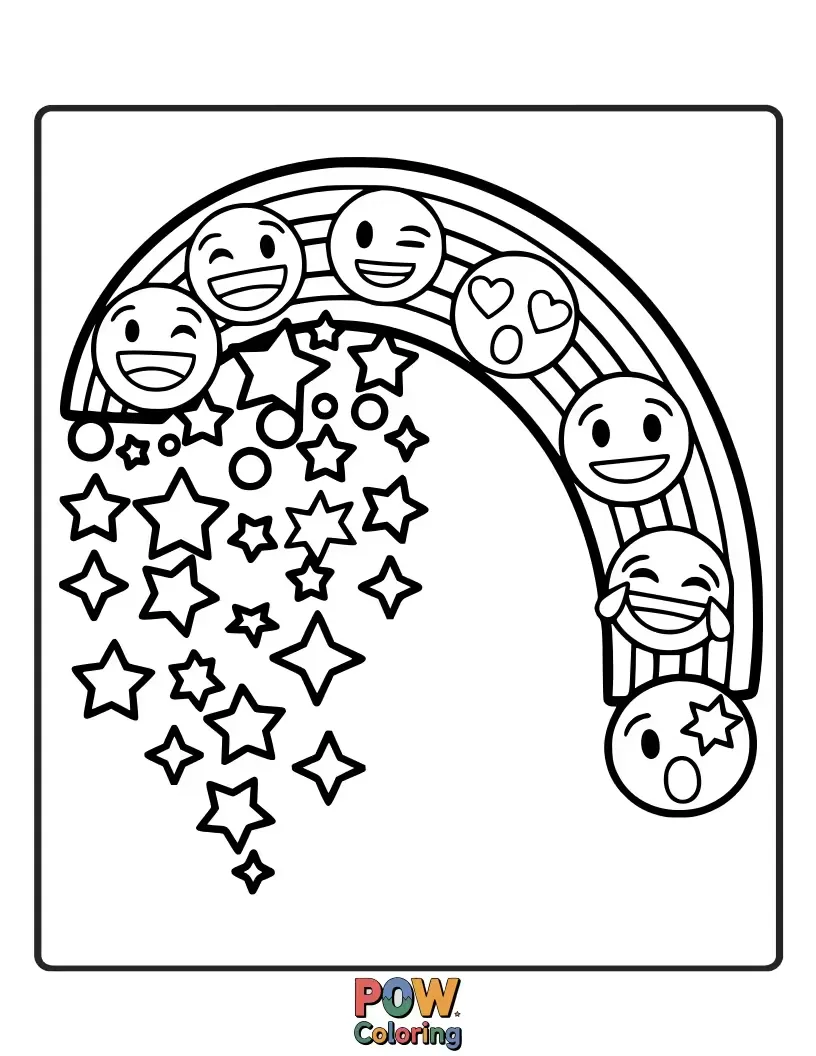 Free coloring page of A smiling emoji radiating colorful rainbow beams, leaving a trail of glittery sparkles in its wake.