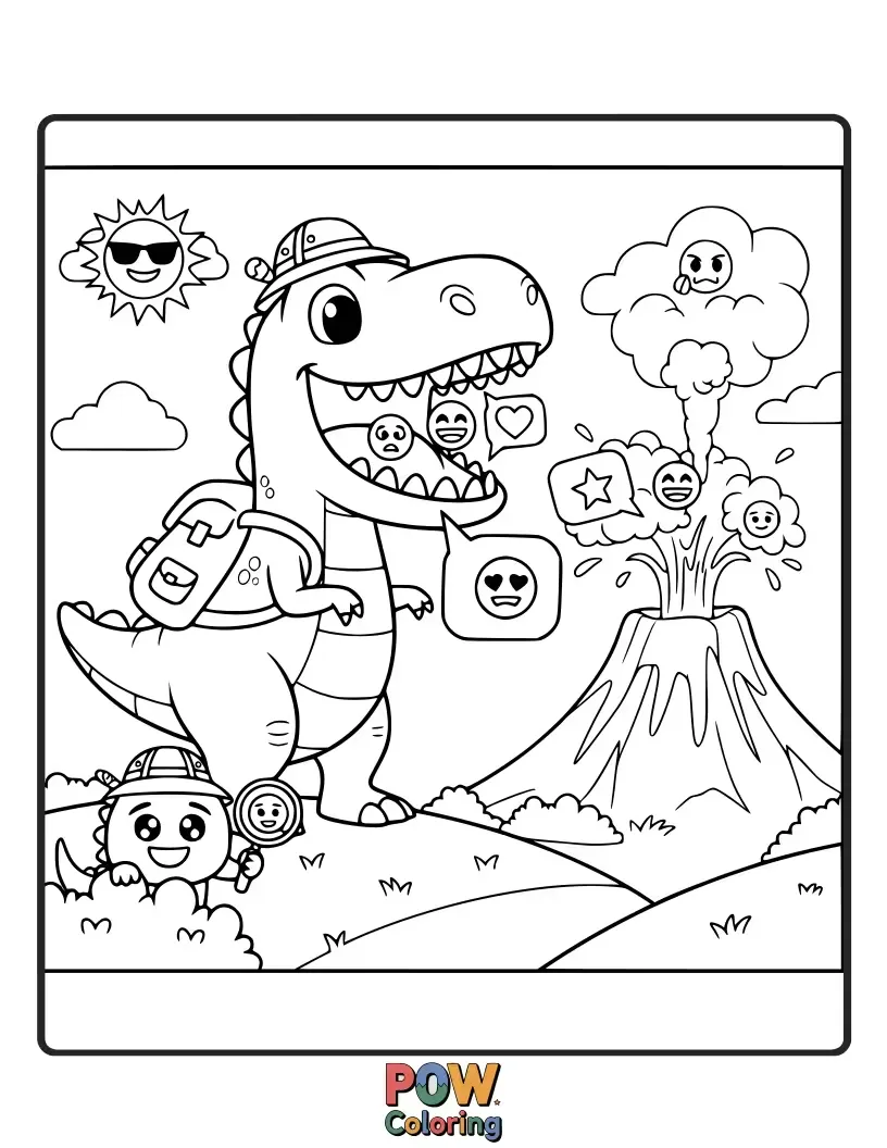 Free coloring page of A friendly dinosaur emoji with big eyes, stomping through a prehistoric jungle filled with ferns and volcanoes.