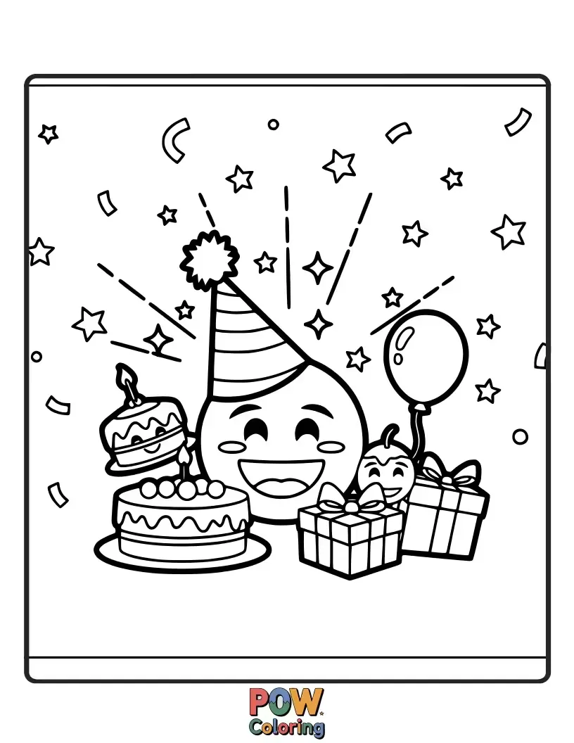 Free coloring page of A happy birthday emoji with confetti and a party hat, blowing out candles on a delicious cake.