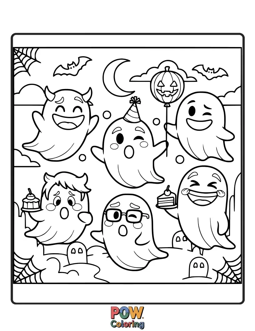 Free coloring page of A playful ghost emoji with a silly grin, floating amongst other friendly ghosts at a Halloween bash.