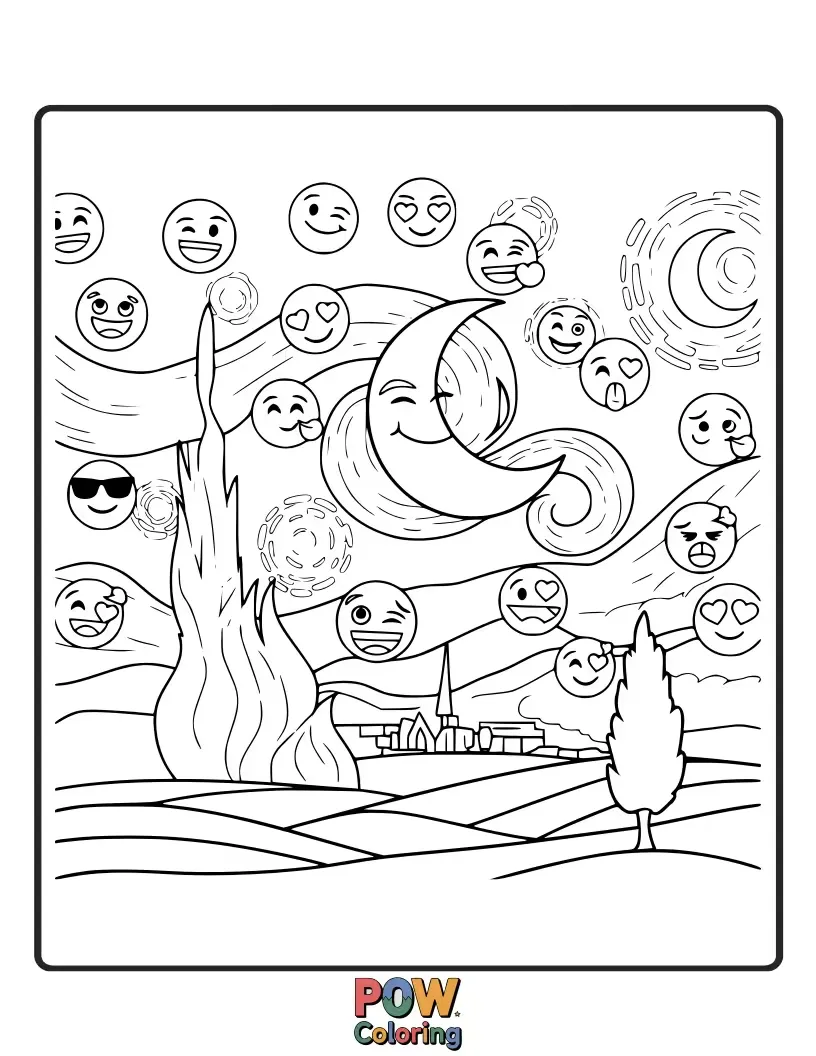 Free coloring page of A cheerful emoji winking under a sky full of twinkling stars and a crescent moon, perfect for dreamy artists.
