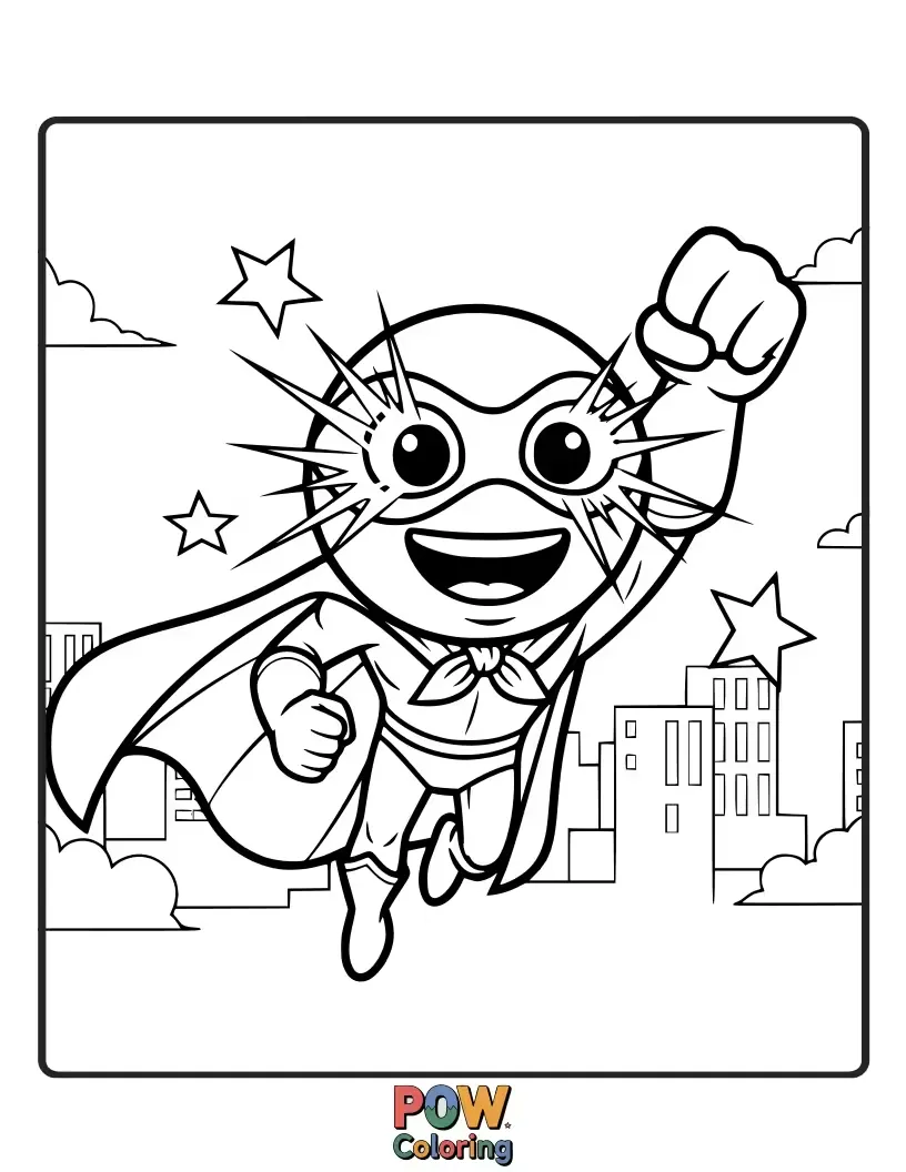 Free coloring page of A strong emoji with a cape and mask, striking a heroic pose, ready to save the day.
