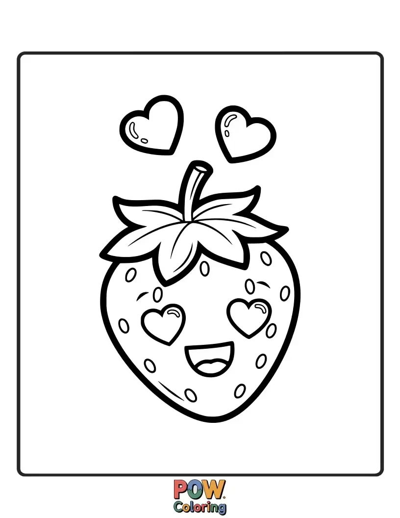 Free coloring page of A juicy strawberry emoji with a heart-shaped leaf, blushing with sweetness and radiating affection.
