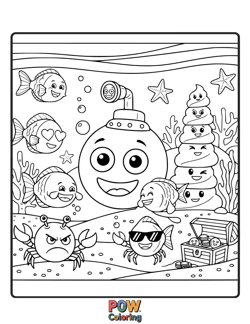 Free coloring page of A friendly emoji swimming with colorful fish, coral reefs, and bubbling treasure chests in the deep blue sea.