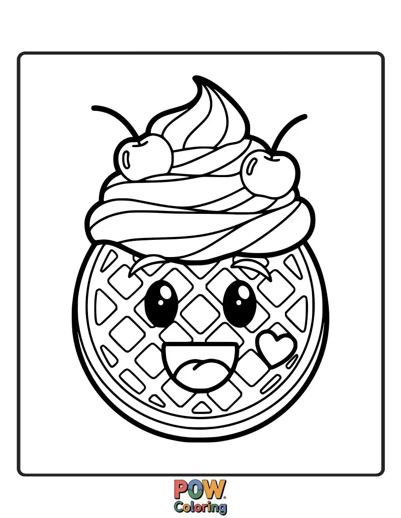 Free coloring page of A delicious-looking waffle emoji with a scoop of ice cream and a cherry on top, craving sweet colors.