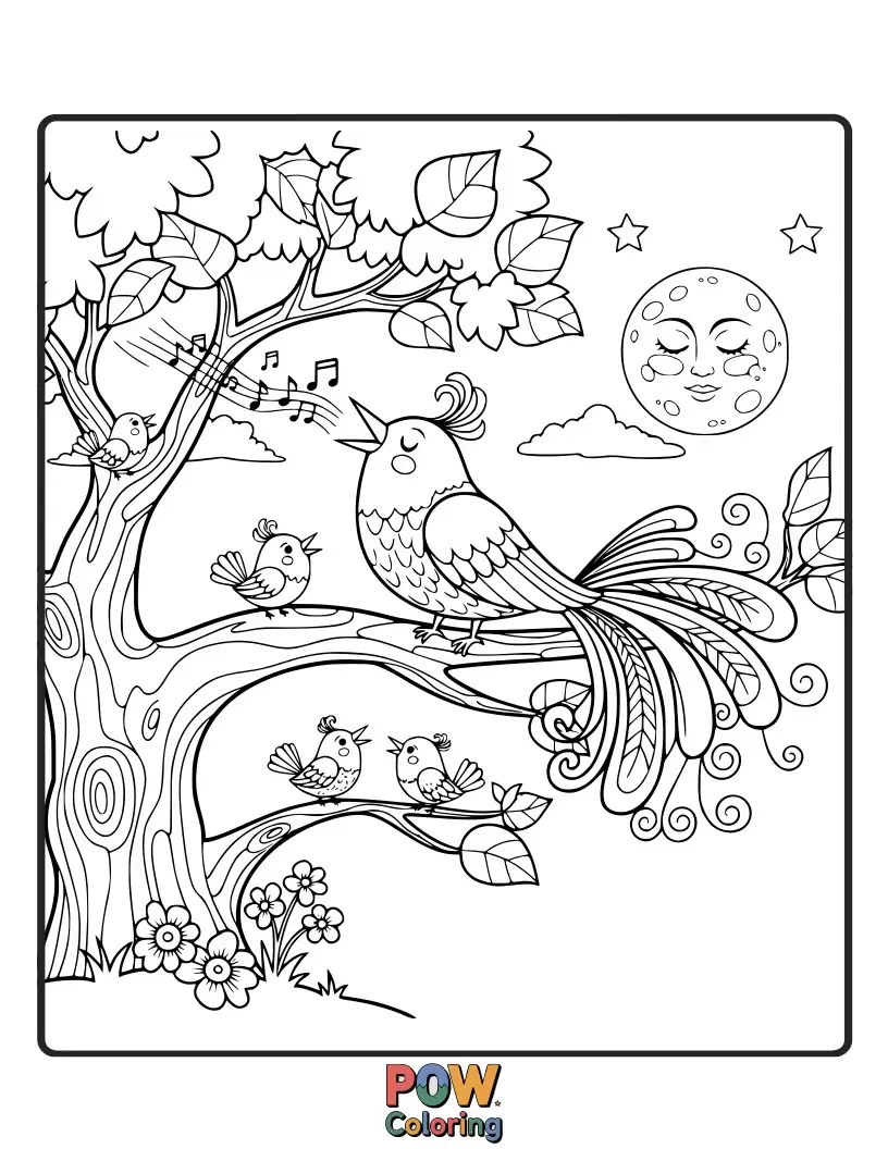 Free coloring page of Birds perched on Cinderella's windowsill, singing a beautiful melody as she dreams or works.