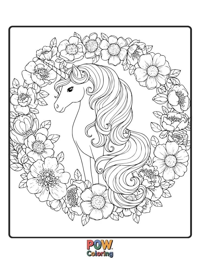 Free coloring page of Unicorn surrounded by magical, glowing blossoms that bloom with vibrant colors.
