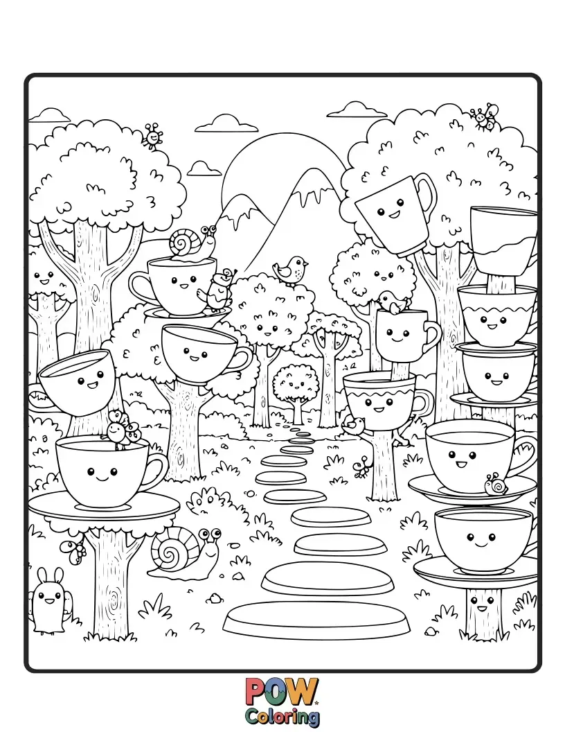 Free coloring page of Mystical cups hide amongst glowing mushrooms and whispering trees in a magical forest, waiting to be discovered.