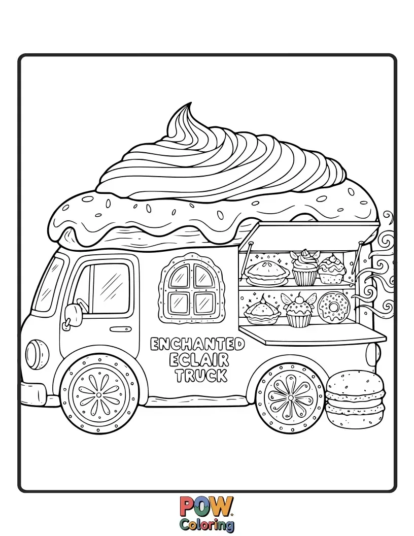 Free coloring page of A beautifully decorated food truck with floral accents, serving elegant eclairs in a whimsical garden setting.