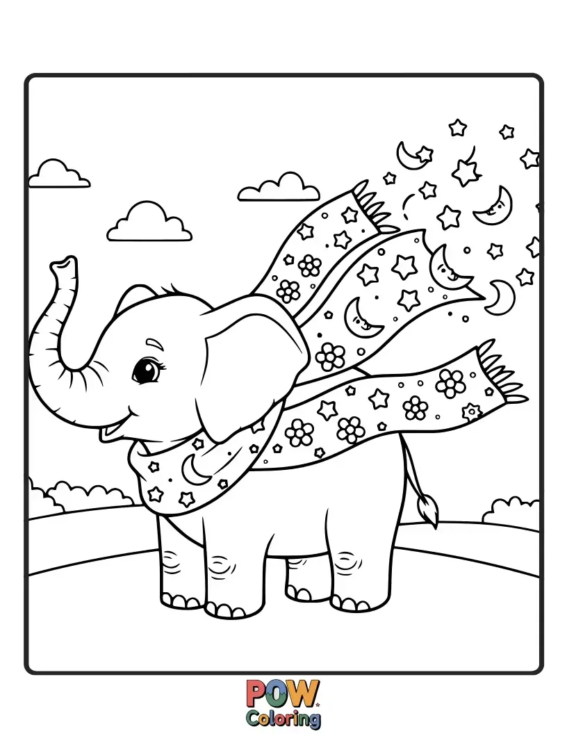 Free coloring page of A gentle elephant draped in a beautifully intricate, magical scarf. Explore the wonders of an ancient forest.