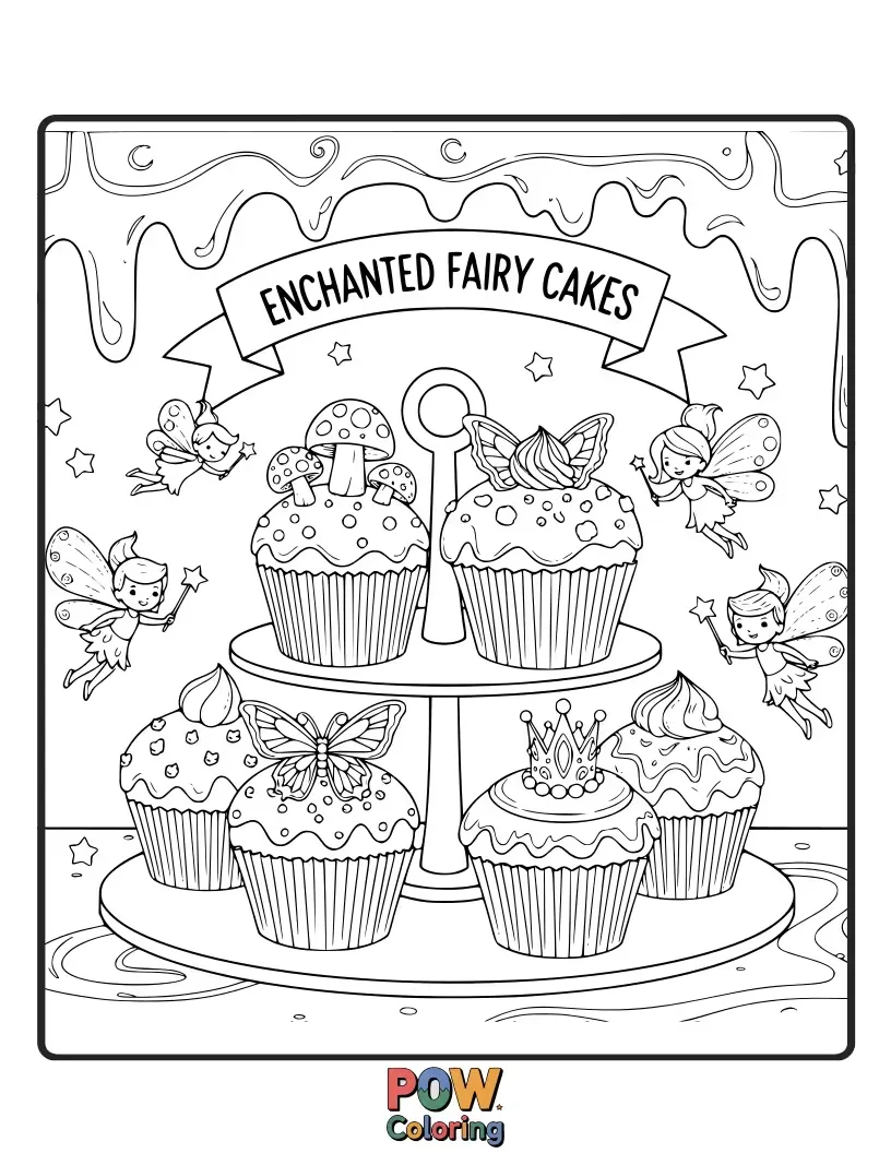 Free coloring page of Delicate cakes adorned with shimmering wings, tiny flowers, and magical fairy dust for an ethereal touch.