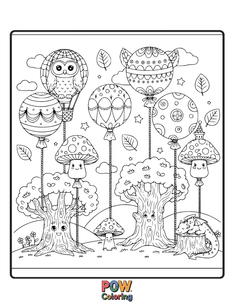 Free coloring page of Magical hot air balloons woven from vines and leaves, carrying tiny fairies through a mystical forest canopy.