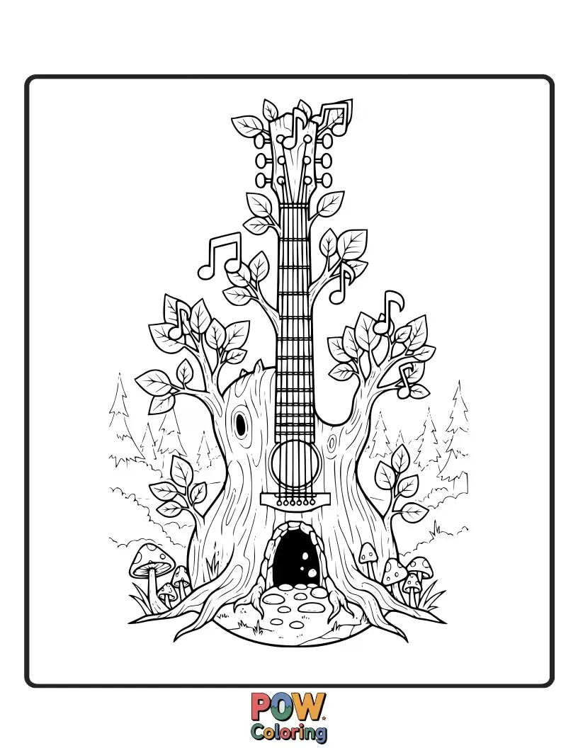 Free coloring page of A guitar entwined with magical vines and sparkling fireflies in a mysterious forest.