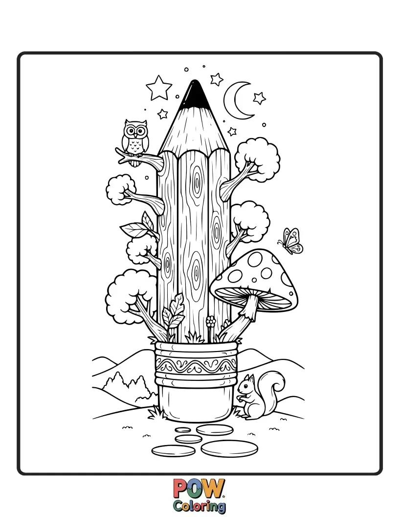 Free coloring page of A mystical pencil nestled amongst glowing fireflies and ancient trees, inviting you to color a magical woodland.
