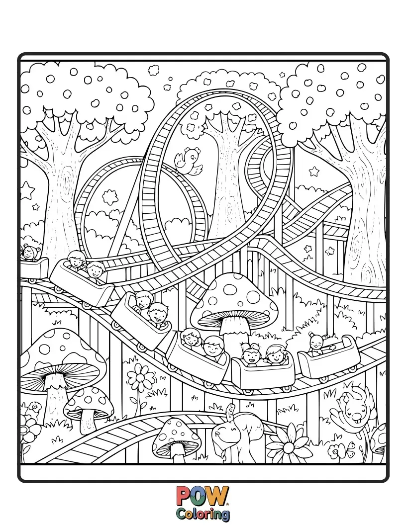 Free coloring page of This creative roller coaster meanders through an enchanted forest filled with glowing mushrooms and friendly sprites.
