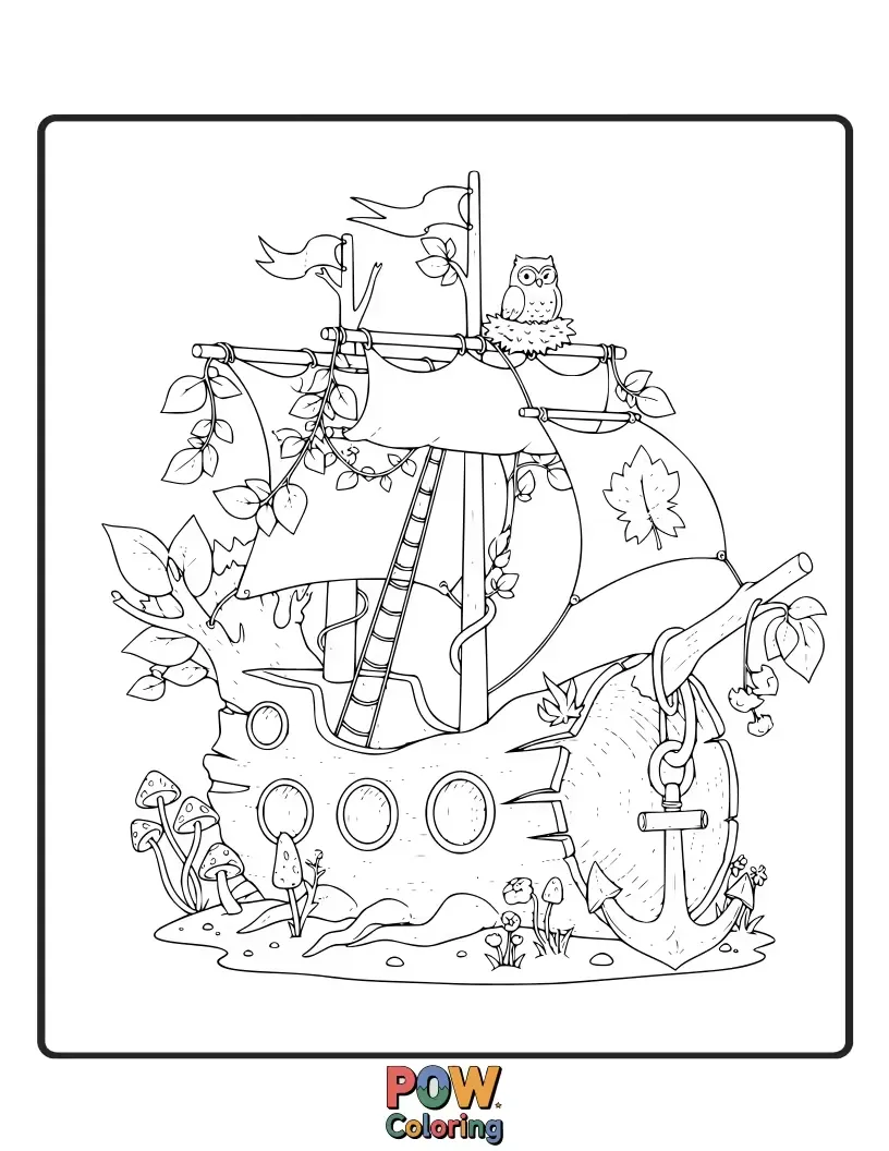 Free coloring page of A magical vessel weaving through a mystical forest, its sails made of ancient leaves and its hull decorated with glowing mushrooms.