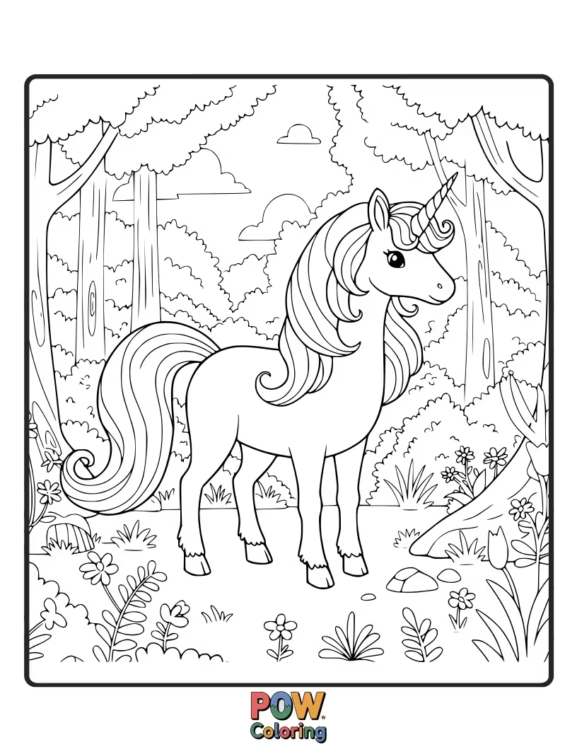 Free coloring page of Magical unicorn hiding among ancient trees and glowing mushrooms in a mystical forest.