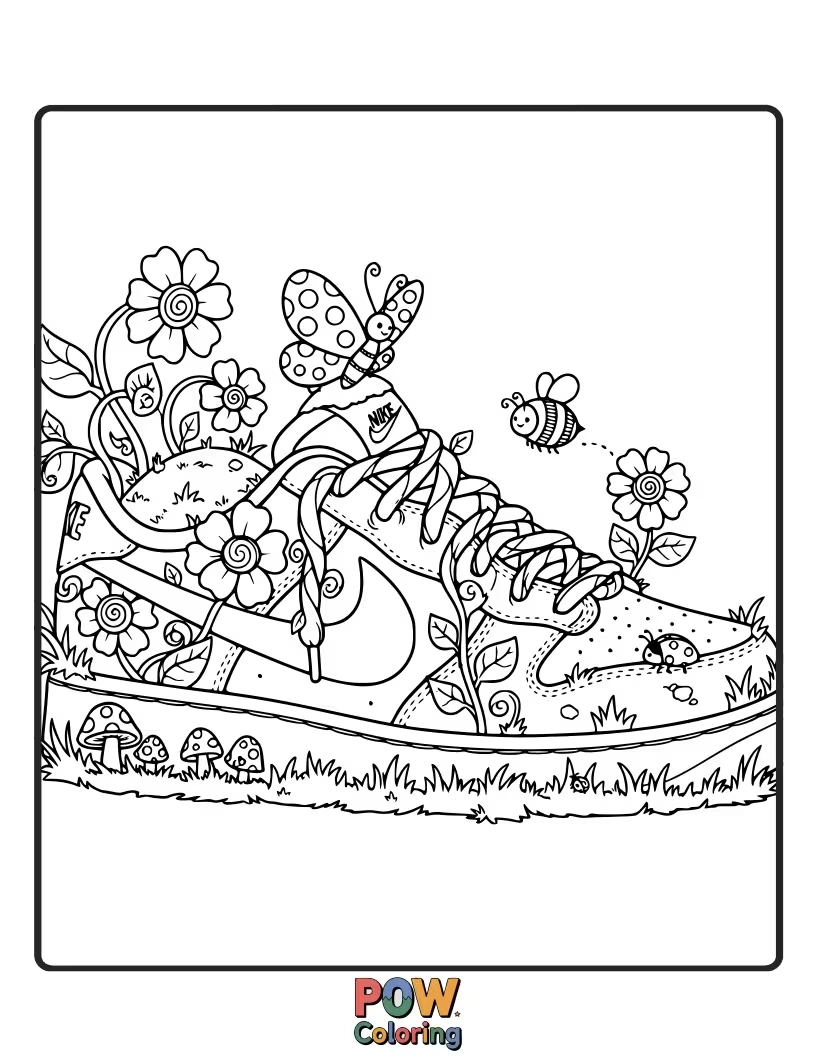 Free coloring page of A magical Nike shoe blooming with flowers, vines, and friendly garden gnomes for a whimsical escape.