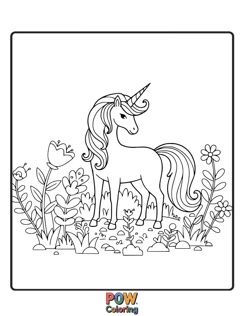 Free coloring page of Unicorn exploring a secret garden filled with oversized flowers and shimmering foliage.