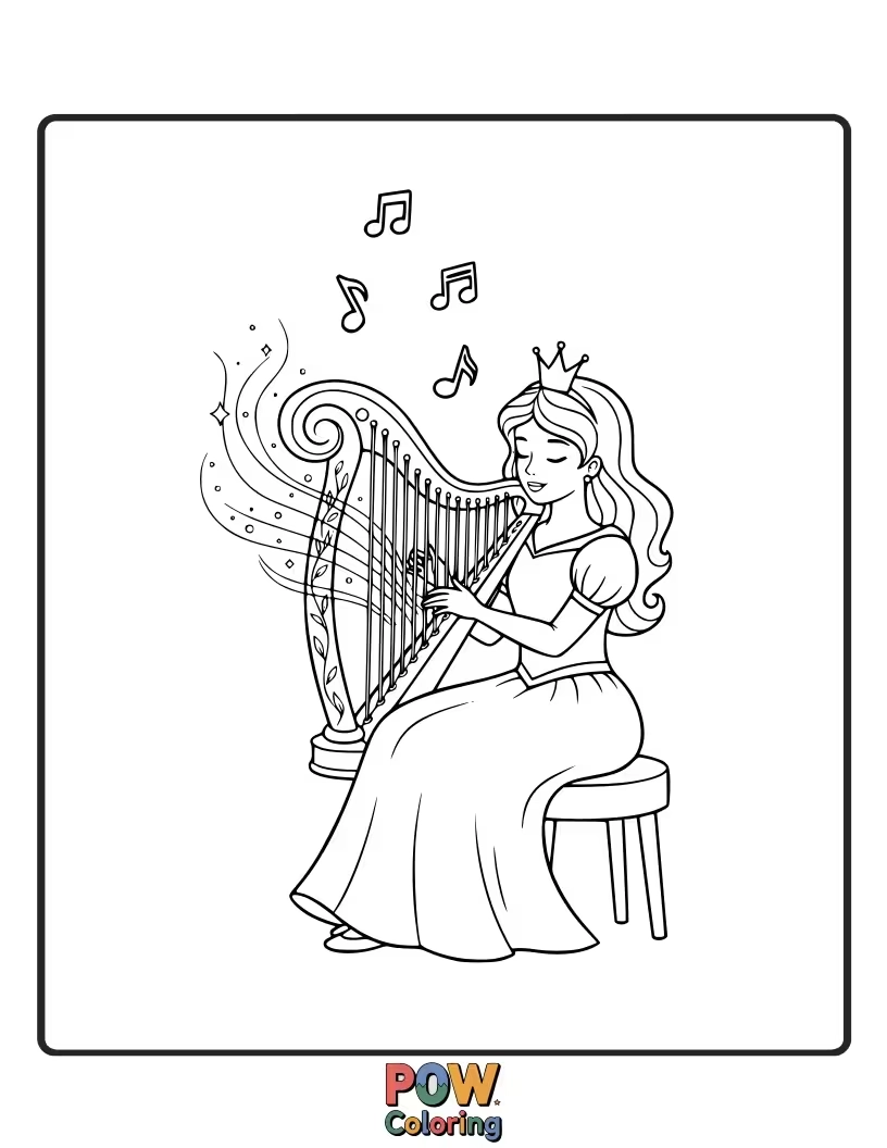 Free coloring page of A musical princess playing a magical harp, creating enchanting, melodic tunes.