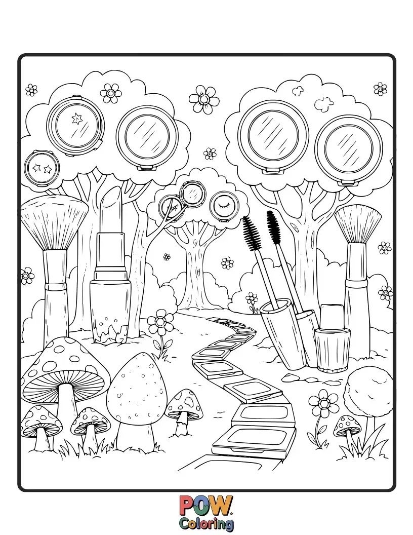 Free coloring page of Magical trees with makeup brushes as branches and colorful flowers as eyeshadows. Discover the beauty hidden in a fantasy woodland.