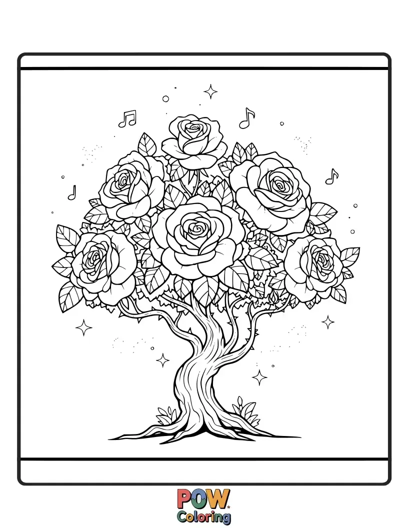 Free coloring page of A beautiful rose bush in full bloom, symbolizing love and the magic of the story.