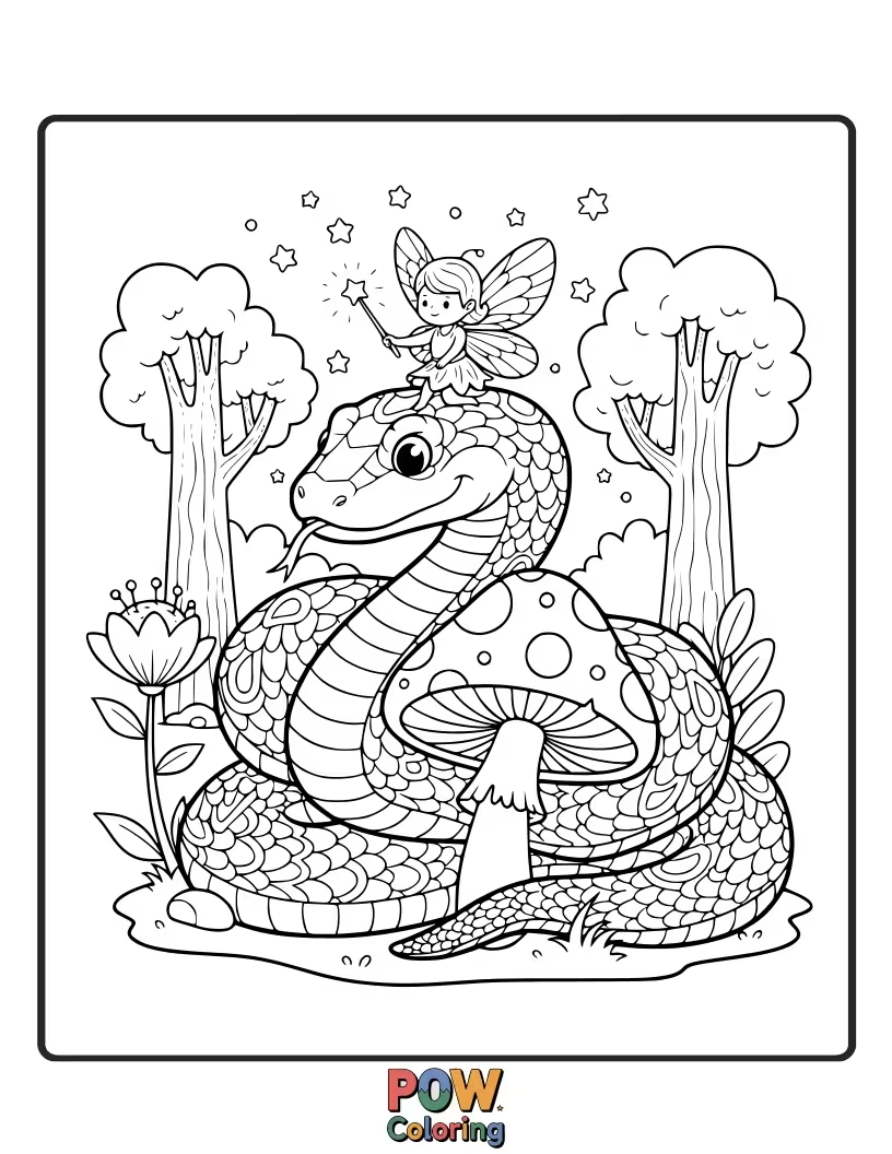 Free coloring page of A graceful snake entwined with glowing flowers, looking like it's from a magical fairy tale.