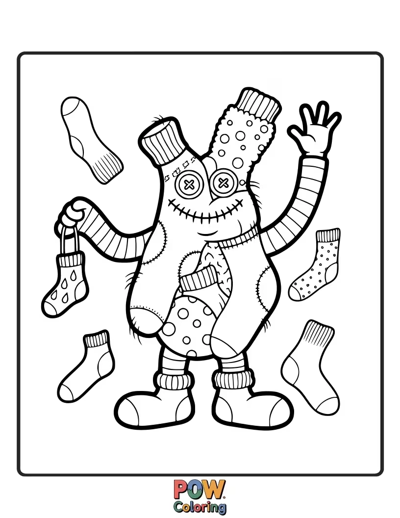 Free coloring page of A mischievous wizard has accidentally brought a lone, striped sock to life. It's wiggling happily.