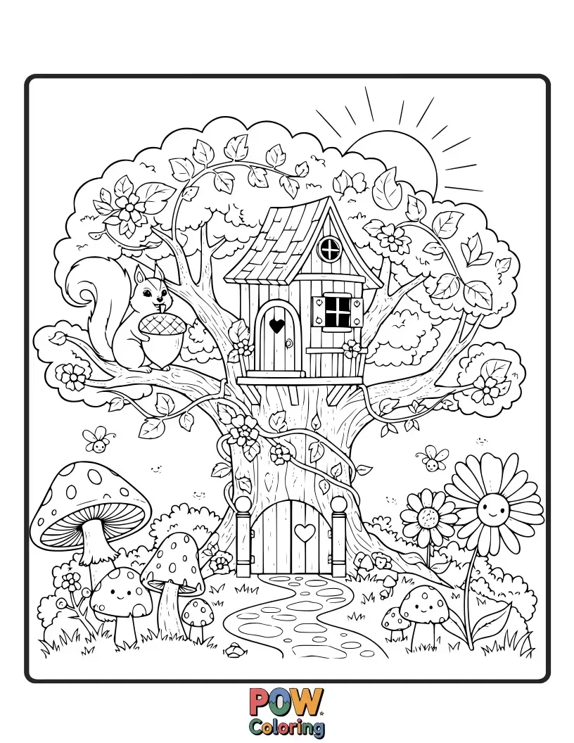 Free coloring page of A magical treehouse nestled within a giant, friendly tree in a whimsical garden, surrounded by whimsical flora.