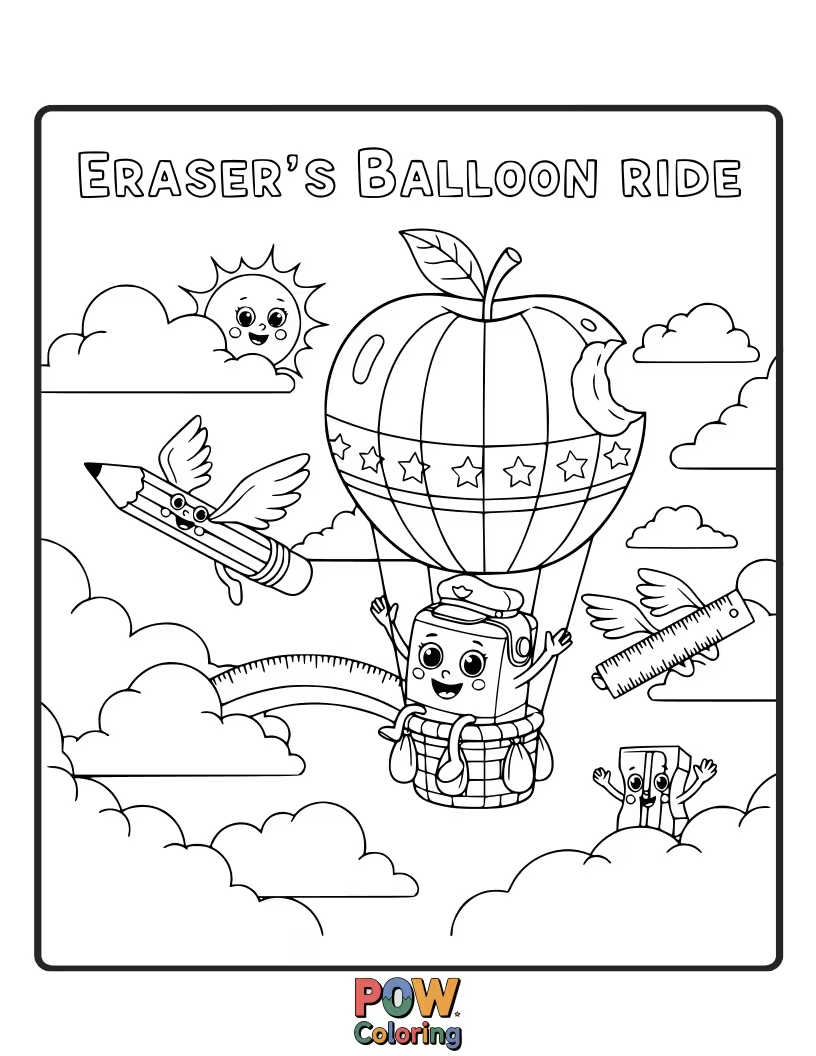Free coloring page of A tiny eraser holding onto a bunch of colorful balloons, floating upwards.