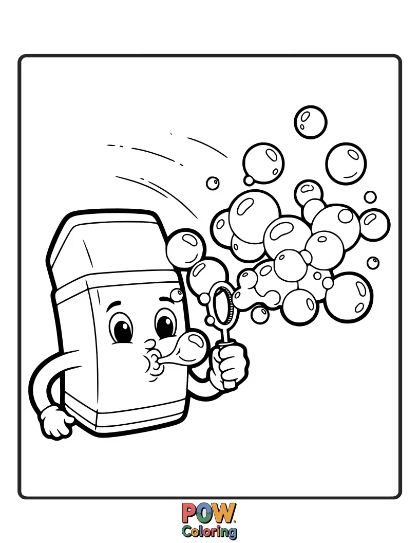 Free coloring page of An energetic eraser blowing a stream of iridescent bubbles.