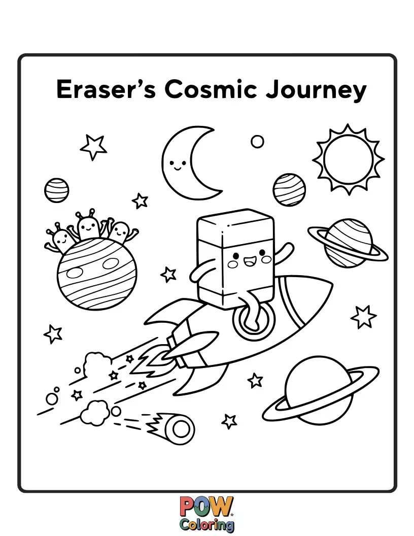 Free coloring page of An adventurous eraser exploring a galaxy filled with swirling stars and planets.
