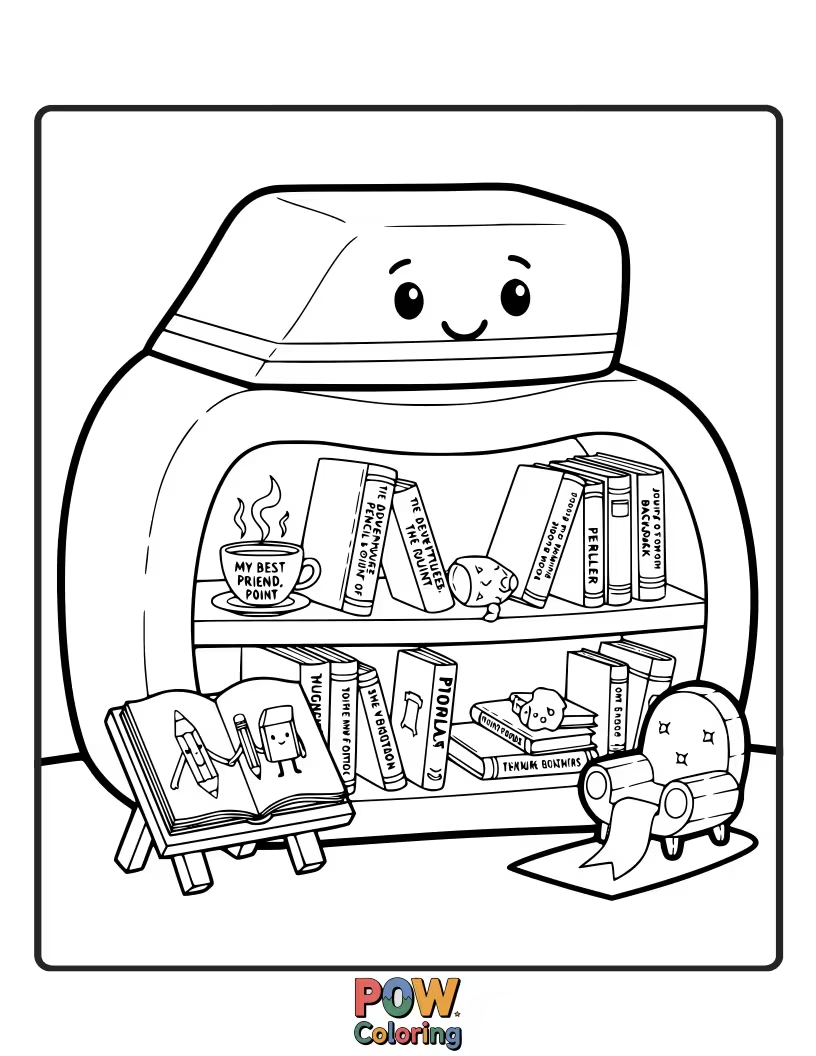 Free coloring page of A studious eraser engrossed in a stack of colorful books.