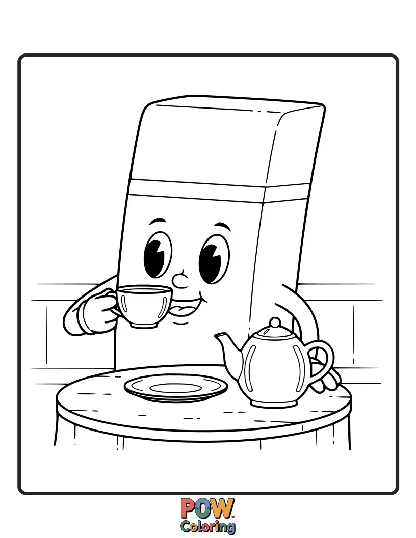 Free coloring page of A relaxed eraser enjoying a warm cup of tea, steam swirling gently.