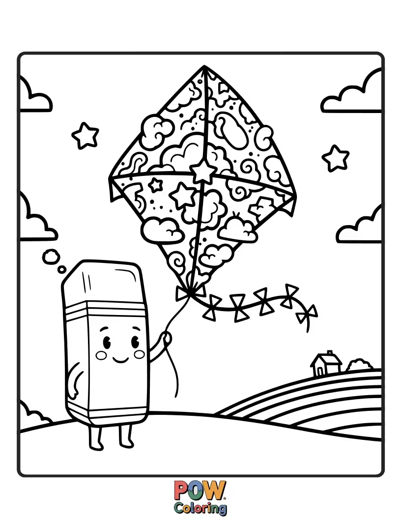 Free coloring page of A graceful eraser flying a beautiful, patterned kite high in the sky.