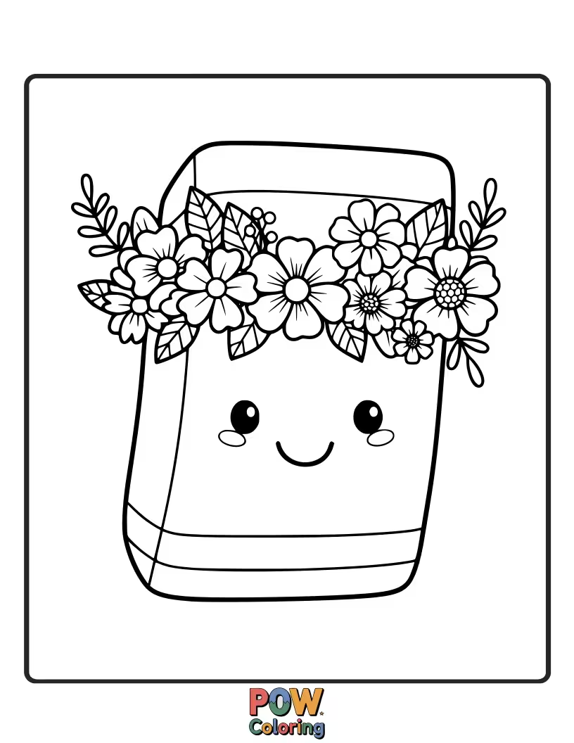 Free coloring page of A beautiful eraser adorned with a delicate crown of wildflowers.