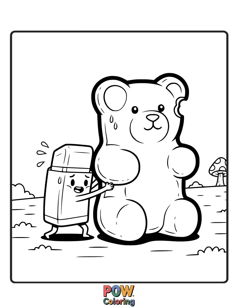 Free coloring page of A tiny eraser befriending a comically large, colorful gummy bear.