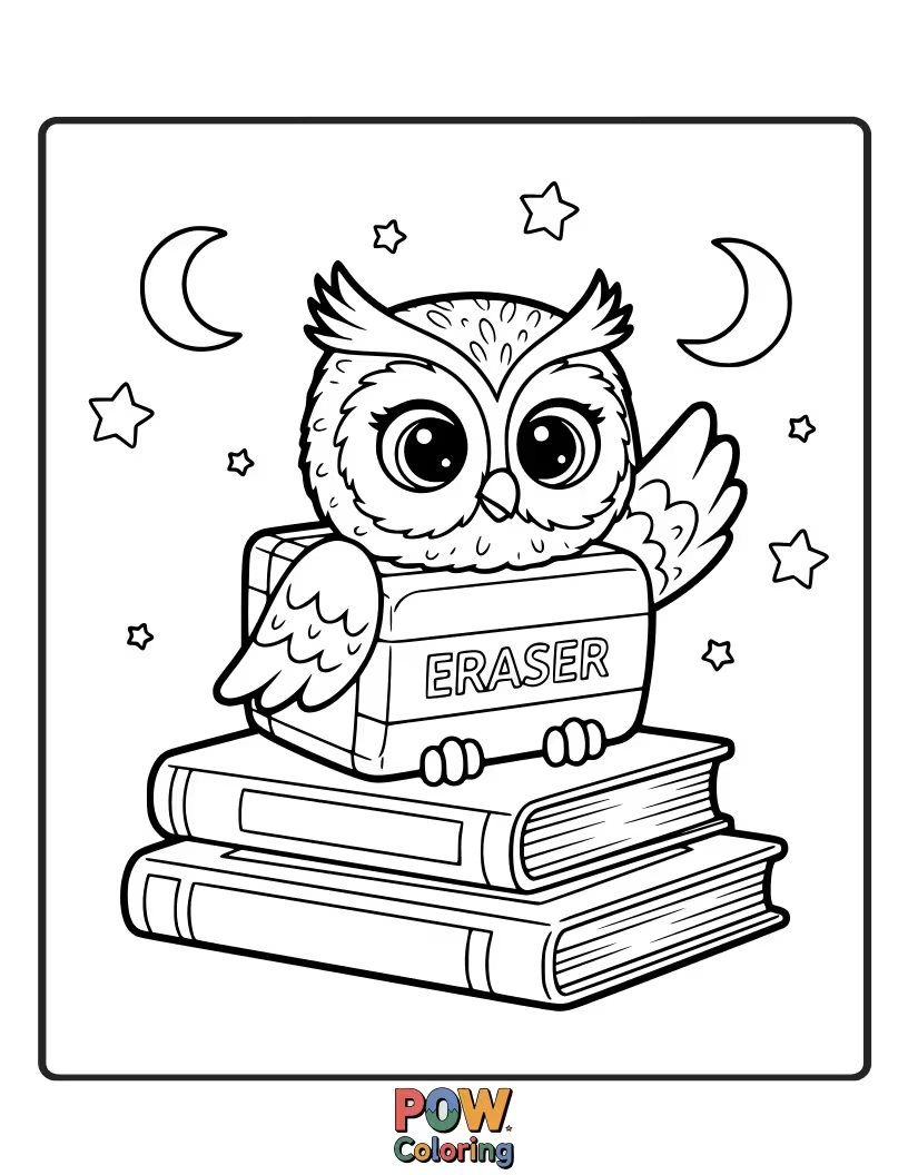 Free coloring page of A wise-looking eraser sitting beside a tiny, curious owl.