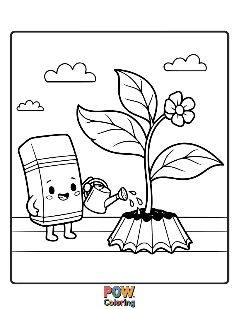 Free coloring page of A shy eraser peeking out from behind a sprouting seedling.