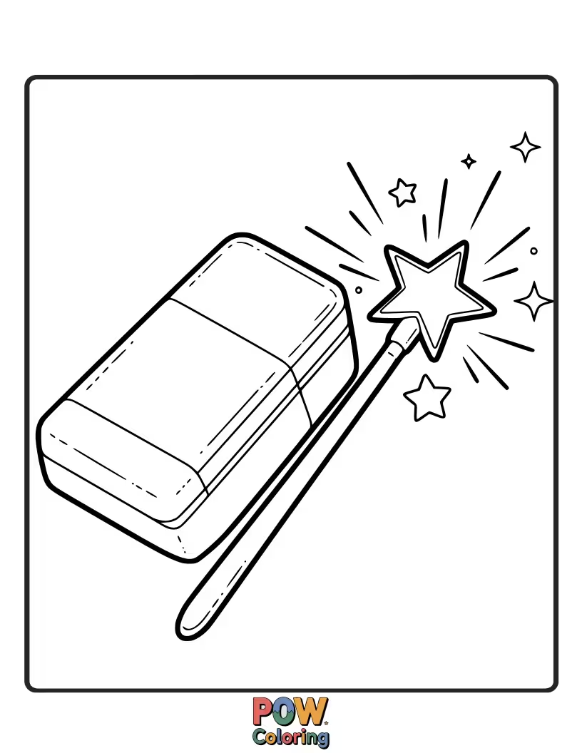 Free coloring page of A charming eraser holding a sparkly magic wand, casting playful doodles.