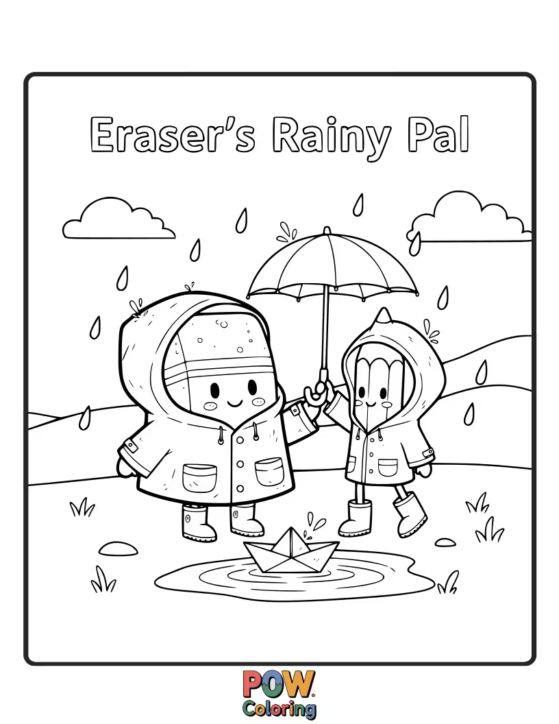 Free coloring page of A cheerful eraser holding a tiny umbrella, ready to splash in puddles.