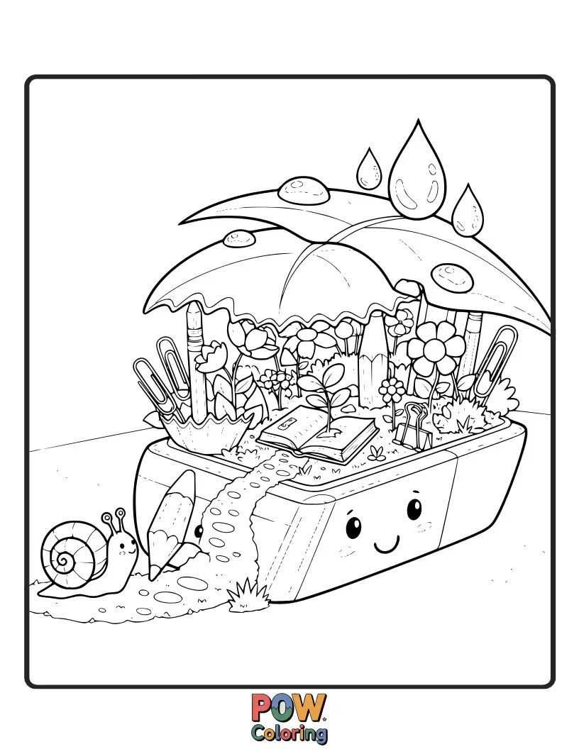 Free coloring page of A curious eraser peeking through a patch of delicate flowers.
