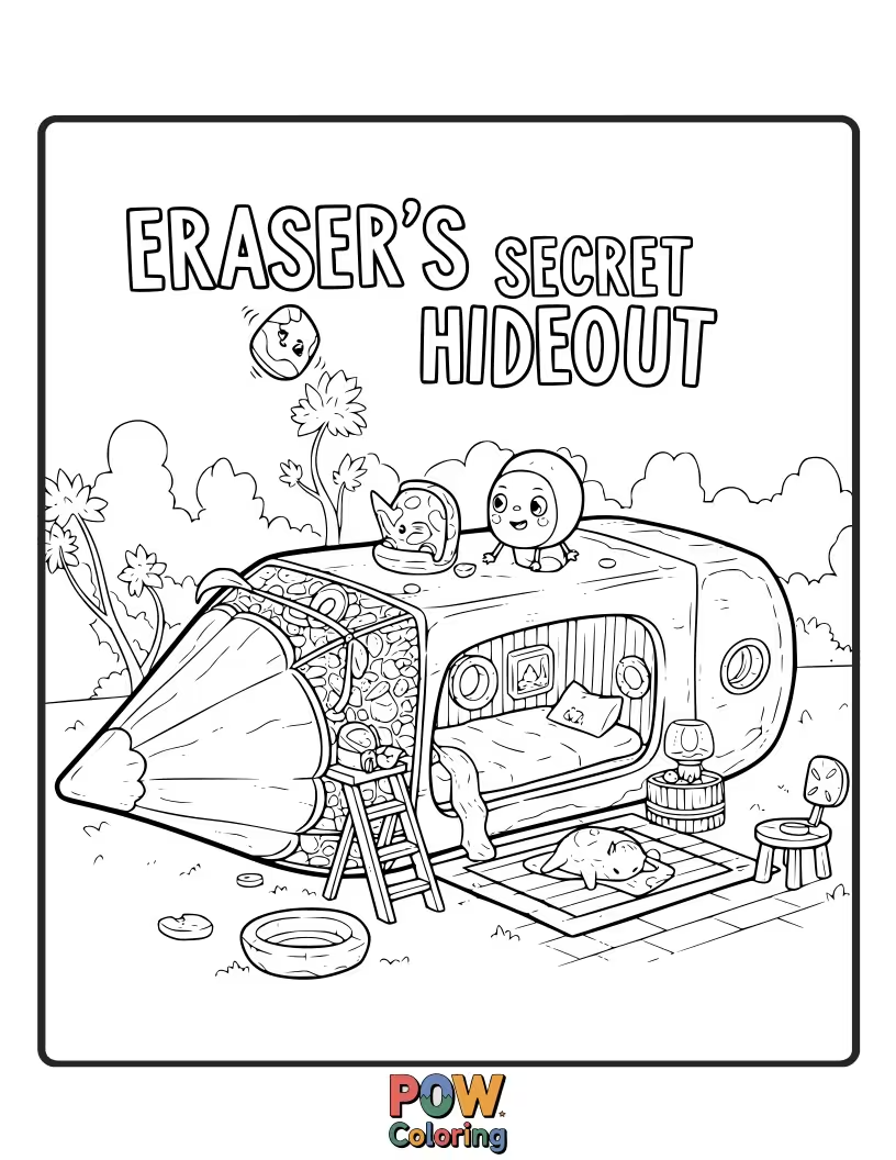 Free coloring page of A curious eraser peeking out from behind a mushroom house.