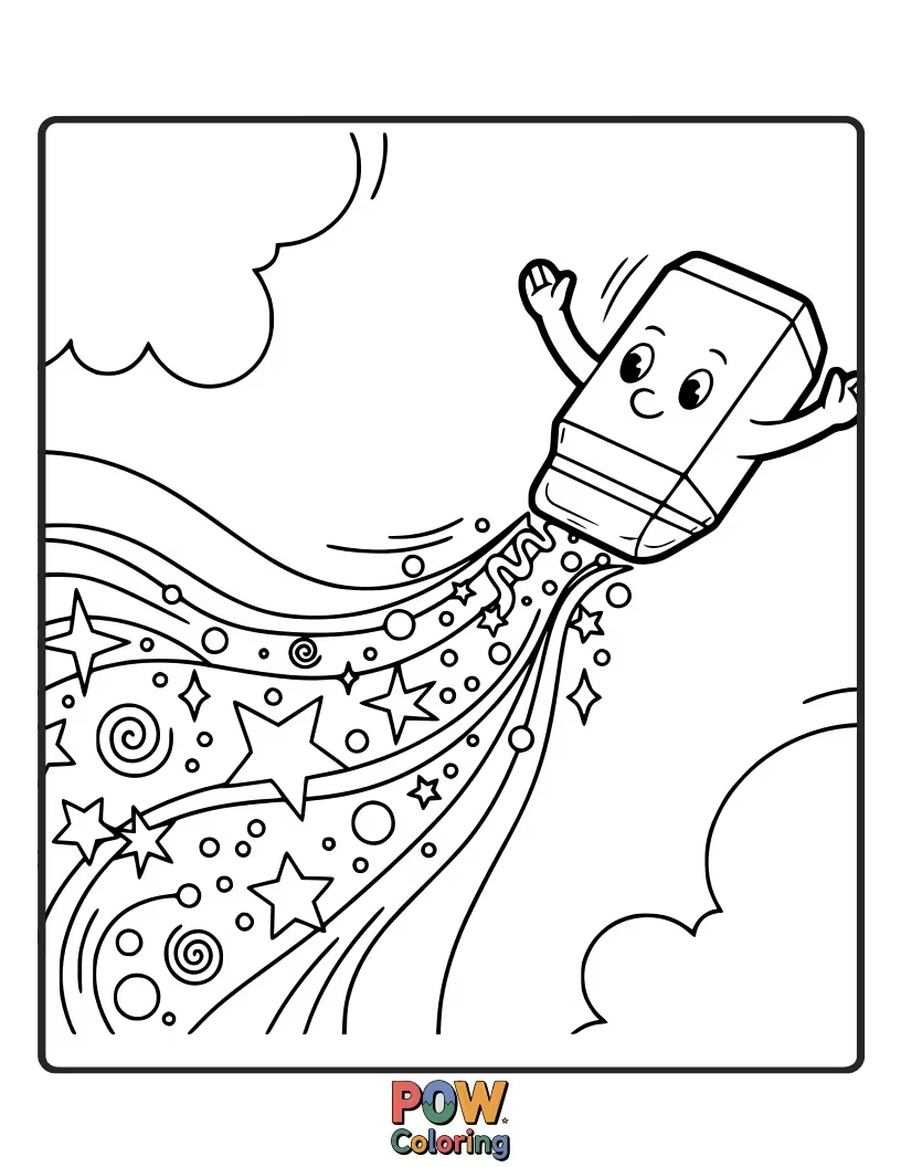 Free coloring page of A magical eraser leaving a shimmering trail of glitter behind it.