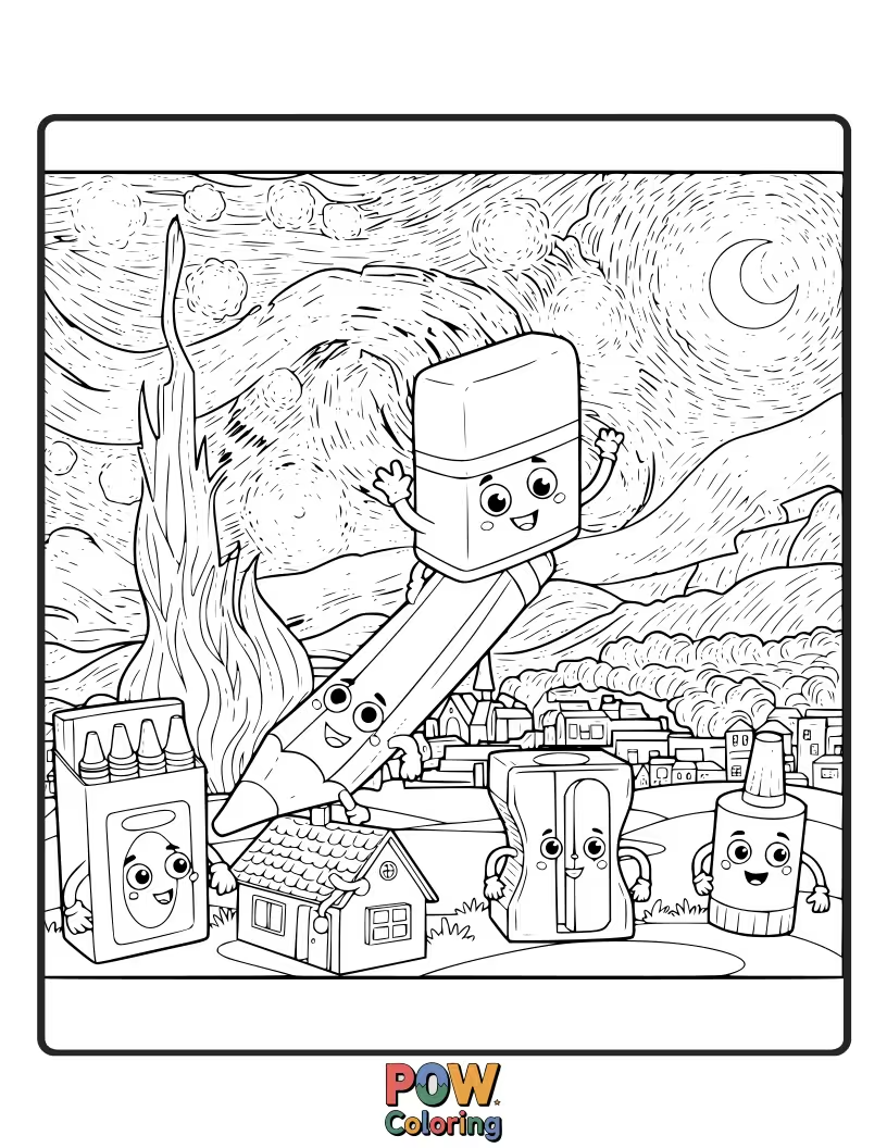 Free coloring page of A sleepy eraser gazing up at a sky full of twinkling stars.
