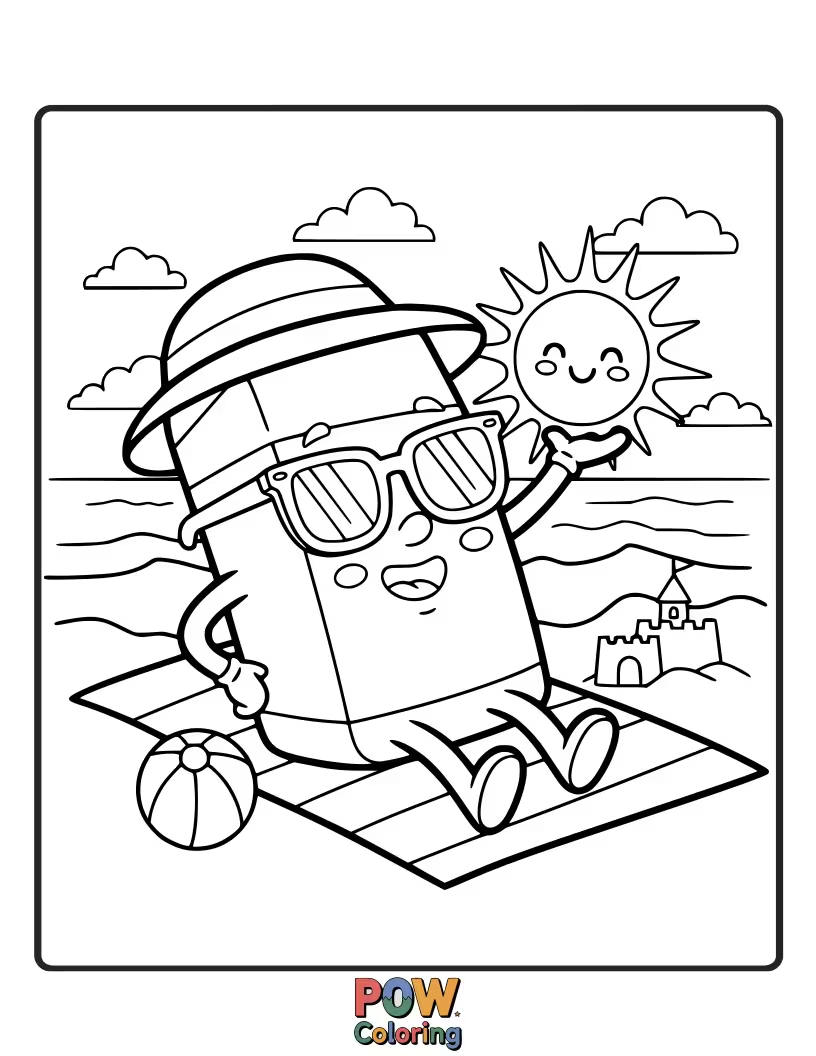 Free coloring page of A happy eraser basking in the warm glow of a smiling sun.