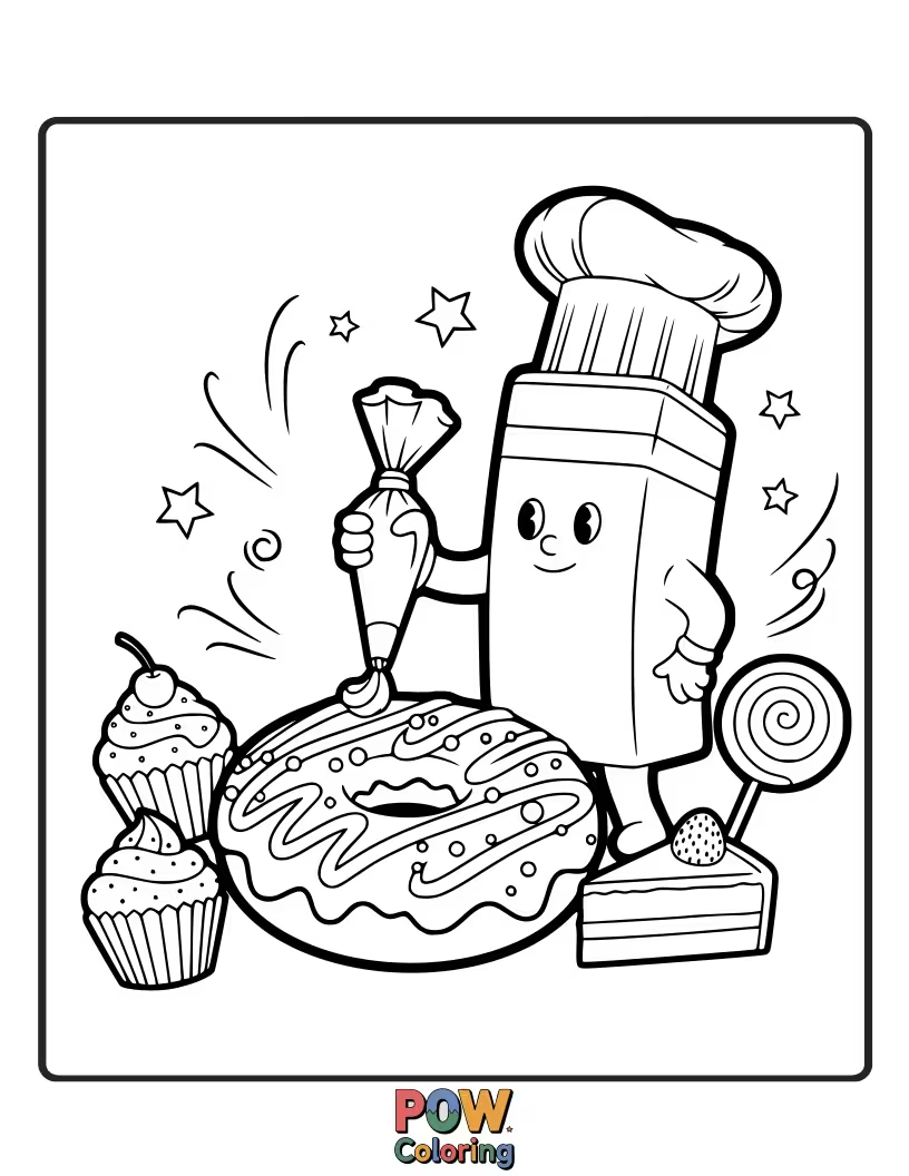 Free coloring page of A delightful eraser shaped like a cupcake, topped with frosting and sprinkles.